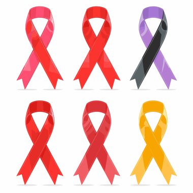 Altı farkındalık şeridi vektör illüstrasyonu, izole edilmiş beyaz arka plan. Farklı renkler çeşitli nedenleri, sembolik destek görüntüsünü simgeler. Renkli farkındalık kurdeleleri, parlak stil, hayırseverlik.