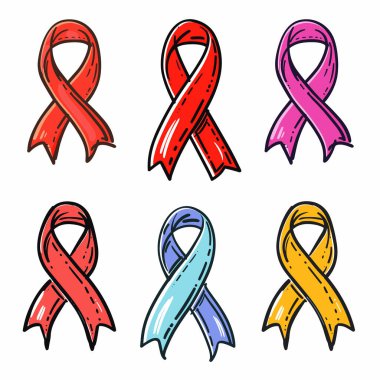 Altı renkli farkındalık kurdelesini izole edilmiş beyaz arkaplan olarak ayarlayın. El çizimi taslak stili farkındalık kurdeleleri çeşitli nedenleri temsil eder. Çeşitli renkler arasında kırmızı, pembe, gül, mavi