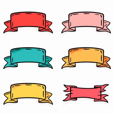 Altı el çizimi pankart farklı renkte. Değişik kurdele afişleri renkli mesajlar. Çizgi film tarzı şenlik kurdeleleri izole edilmiş beyaz arka planı kutluyor