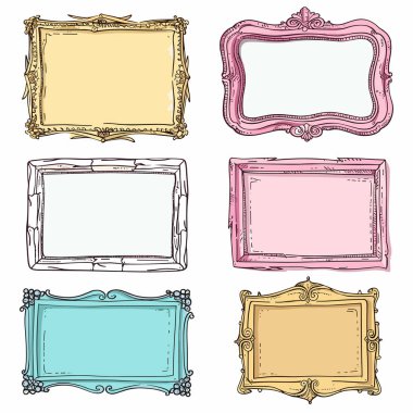 Altı dekoratif vintage çerçeve el çizimi, pastel renkler. Koleksiyon dikdörtgeni kare kenarları dekoratif. Zarif boş çerçeveler, sanatsal çizim biçimi izole edilmiş beyaz arkaplan