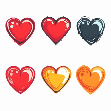 Six stylized hearts different colors artistic brush stroke effects. Red, black, yellow hearts show unique designs suitable various themes emotions. Artistic heart illustrations ideal lovethemed clipart