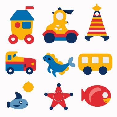 Çeşitli araç hayvanlarını temsil eden renkli oyuncak ikonları koleksiyonu. Basit şekiller parlak birincil renkler oyuncak tasarımına ve uygun çocuklara hakim olur. Set tren, araba, deniz feneri, balık, deniz aslanı içerir.