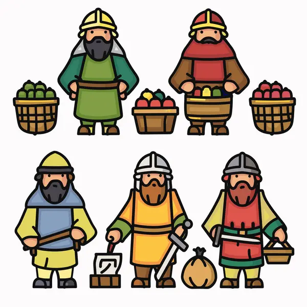 stock vector Six cartoon medieval merchants displaying various fruits, vegetables, crafts one pouring liquid jug. No specific ethnicity gender appears male, medieval attire, bright colors, tradespeople. Stylized