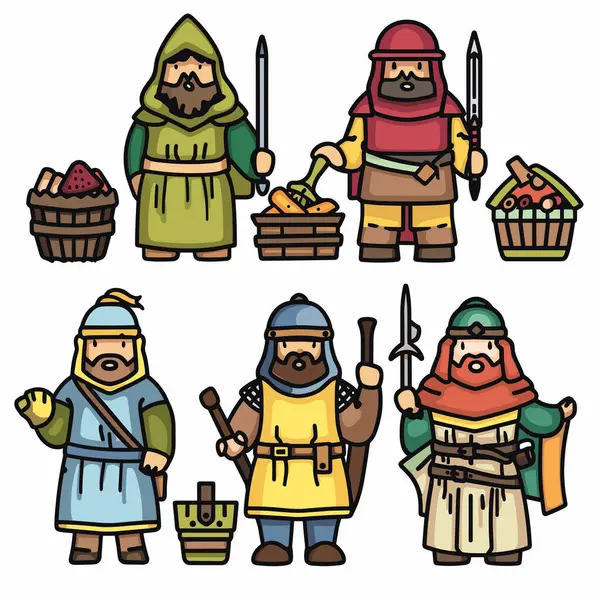 stock vector Six medieval characters, holding different items, colorful attire, cartoon medieval people illustration. Characters various costumes, fruit baskets, weapons, colorful vector scene, farmer, soldier