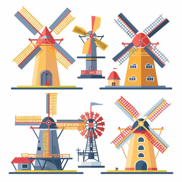 stock vector Collection traditional windmills, different designs, colorful, flat style isolated white background. European Dutch windmills, farm windmill, mechanical rural agriculture structures. Variety