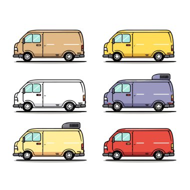 Düz vektör illüstrasyon çeşitli teslimat minibüsleri, sarı kırmızı kargo araçları da dahil olmak üzere farklı renk modifikasyonları. Yan manzara altı ticari nakliye aracı sade kaporta işi bir tanesi çatı kargosuna sahip.