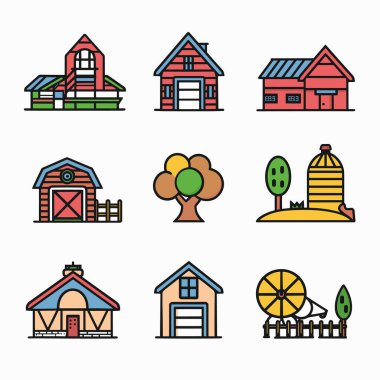 Çeşitli binaların bulunduğu çiftlikle ilgili vektör simgelerini ayarla. Parlak renkli karikatür stili çizimler ahırlar, evler, silo, yapraklar, ikon detaylı ideal tarım temalı grafik tasarımı tasarımı tasvir eder