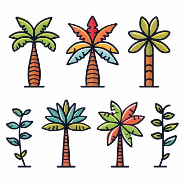 Renkli tropikal palmiye ağaçları simgeleri oluşturun. Farklı karikatür stilleri palmiye ağaçları, canlı tasarım. Yaz, tatil ve iklimi temsil eden tropik koleksiyon