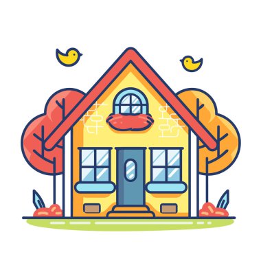 Renkli karikatür tarzı ev kuşların uçuşuyla çevriliydi. Mavi pencereli, kırmızı çatılı, karşılama kapısı olan parlak sarı bir ev. İzole edilmiş beyazlara karşı gösterişli konutlar