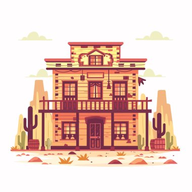 Eski Batı Salonu illüstrasyonu, ahşap bina tasarımı, çöl arkaplanı. Sıcak renk paleti, kaktüs, balkon, sallanan kapılar, dijital olarak yaratılmış. Klasik batı tarzı, izole edilmiş beyaz arkaplan
