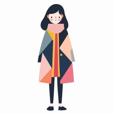 Genç Asyalı kadın karakter ayakta, renkli geometrik ceket giyiyor, gülümsüyor. Çizgi film tasarımı, moda illüstrasyonu, izole edilmiş beyaz arka plan. Modern şehir kadını, sıradan.