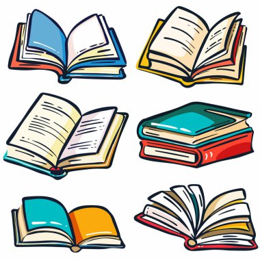 Altı renkli kapalı kitap vektör çizimi, çizgi film tarzı. Kitaplar ana hatları çiziyor, birincil renkler kırmızı, mavi, sarı kapak. Eğitimsel okuma materyali, eğitim kavramı izole edilmiş beyaz arkaplan