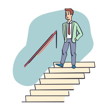 Merdivenlerde yükselen adam başarısı kendine güvenen bir iş elbisesi giyer. Profesyonel erkek, liderlik merdiveni basamaklarını tırmanır. Çizgi film karakteri hedefi kutluyor