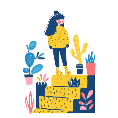 Kapalı alandaki bitkilerin yanında duran genç bir kadın bahçe hobisinin tadını çıkarıyor. Günlük kıyafetler, gülümseme, ev içi saksı bitkileri, rahat bir atmosfer. Kadın bahçıvan, saksı.