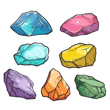 Renkli kristalleri, çeşitli renkleri, el çizimi mücevherleri ayarlayın. Karikatür tarzı değerli taşlar koleksiyonu, jeoloji teması, mücevherler. Çeşitli kristal mineraller, izole edilmiş beyaz arkaplan