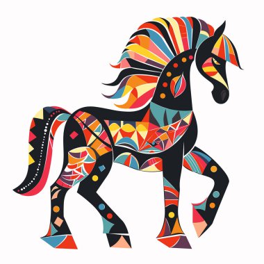 Renkli geometrik desenli at ayakta duruyor. Soyut dekoratif aygır beyazı izole etti. Sanatsal at çizimi çok renkli canlı şekiller