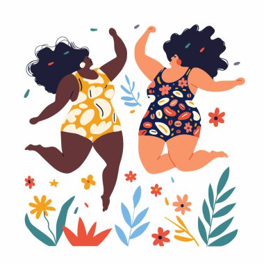 Renkli çiçek yaprakları arasında mutlu bir şekilde dans eden iki kadın. İkisi de desenli mayolar giyiyor, biri sarı, biri lacivert. Afro-Amerikan kadınları özgürlüklerini neşeyle ifade ediyorlar.