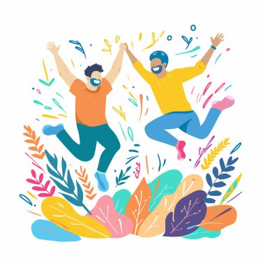 Etrafı renkli yapraklarla çevrili iki adam neşeyle zıplıyor. Kutlama havası, arkadaşlar, mutluluk ifadesi, renkli çizimler. Erkekler günlük kıyafetler, neşeli, heyecanlı, yüksek atlama