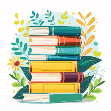 Etrafı çiçeklerle çevrili renkli kitaplarla dolu açık mavi arka plan. Eğitim, öğrenme, edebiyat konsepti canlı renkler. Bilgi, bilgelik, doğa birleştirilmiş kitap illüstrasyonu
