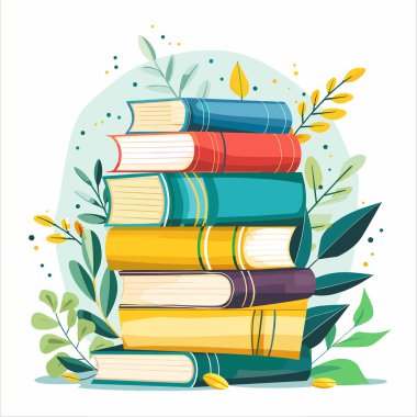 Yeşil yaprakları çevreleyen renkli kitaplar. Kitap yığınları içeren eğitici bir illüstrasyon. Bitki öğeleri. Canlı düz tasarım stili öğrenme teması