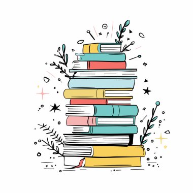 Renkli kitap yığınları vektör illüstrasyonu bitki elementlerini, yıldızları ve soyut karalamaları kapsar. El çizimi kitap yığını grafik tasarımı mükemmel eğitici, edebiyat, okuma kavramları. Sanatsal