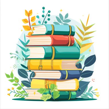 Stacked colorful books surrounded green leaves small yellow flowers, symbolizing education nature. Pile hardcover books associated learning, literature, academic pursuits, embellished botanical clipart