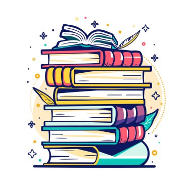 Renkli yığınlar, resimli resimler, canlı renkler, dekoratif elementler. Kapalı kitap yığınları, okuma teması, eğitici grafikler. Çizgi film tarzı sanat, kitap aşığı konsepti, izole edilmiş beyaz.