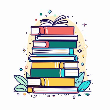 Yığınla renkli kitap, vektör illüstrasyonu, eğitici kavram. Yığınla kitap bir açık kapak, renkli tasarım, izole edilmiş beyaz arkaplan. Kitap yığını grafik eğitim bilgi temasıName