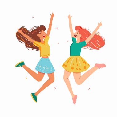 İki mutlu animasyon kızı sevinçle zıplıyor, kutlama yapıyorlar, parlak renkler. Genç kadın çizgi film karakterleri, neşeli, enerjik, konfeti, arkadaşlık, eğlence. Bayan arkadaşlar, parti havası neşeli neşeli.