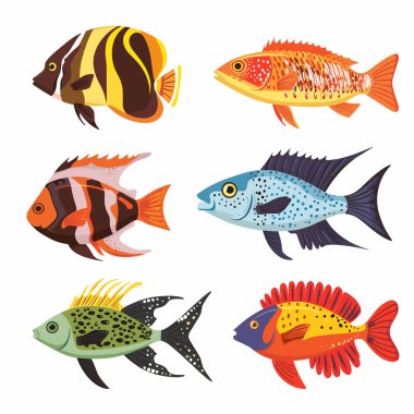 Altı renkli tropikal balık çizimi, çeşitli türler, suda yaşam teması. Canlı deniz balıkları, çizgi film stili, izole edilmiş beyaz arka plan, sualtı hayvan çeşitliliği. Farklı balık türleri.
