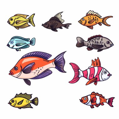 Renkli tropikal balık çizimleri sersemletilmiş sıra sıra dizildi. Egzotik balıkların çeşitli desenleri vardır. Çizgi film tarzı suda yaşam çeşitliliği vurguluyor