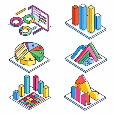 Colorful 3D isometric graphs charts representing business analytics data visualization. Infographic elements include pie charts, bar graphs, histograms against isolated white background. Creative clipart