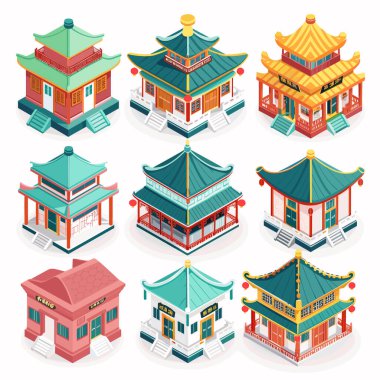 Geleneksel Çin binaları izometrik illüstrasyon koleksiyonu. Klasik Asya mimari unsurlarının yer aldığı çeşitli doğu yapıları renkli çatılar. Ayrıntılı pagodastyle tapınakları