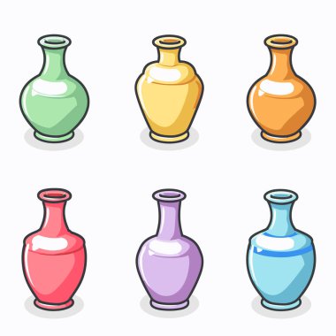 Renkli karikatür tarzı vazolar, eşsiz şekiller, renkler ayarlayın. Parlak renkli seramik vazolar, ideal ev dekorasyonu çizimleri. Koleksiyon altı vektör mükemmel sanatsal iç tasarım içeriği