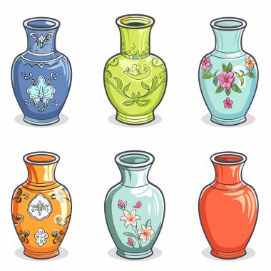 Altı renkli vazo karmaşık tasarım, sanatsal çiçek desenli çömlek. Seramik vazolar çeşitli şekilleri, boyutları, dekoratif stilleri resmediyordu. Koleksiyon süsleme vazoları, parlak renkler, izole edilmiş beyaz