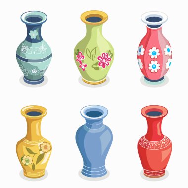 Altı renkli seramik vazo koleksiyonu çeşitli çiçek desenleri süsledi. İllüstrasyon çömlek sanatı, eşsiz bir vazo tasarımı. Karikatür biçimli vektör vazoları uygun dekoratif grafikler