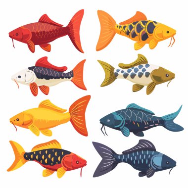 Beyaz arkaplanda farklı desenleri gösteren sekiz renkli koi balığı çizimi, koi balığının eşsiz pulları, gölgeleri kırmızı, turuncu, sarı, beyaz, siyah, mavi