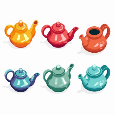 Renkli çaydanlıklar iki sıra dizildi, üst sıra turuncu kırmızı, alt sıra mavi. Seramik çaydanlıklar, parlak parlak parlak röfleler, çeşitli tasarım kapakları. Mutfak gereçleri vektör çizimi izole edilmiş beyaz