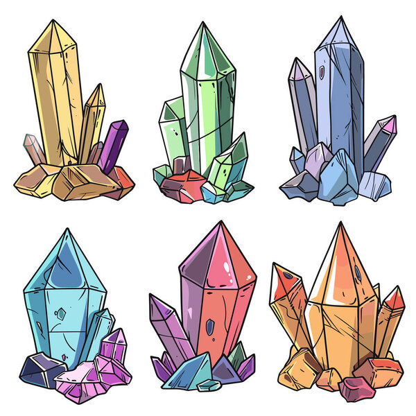 Colorful crystal clusters illustration, handdrawn minerals, vibrant stones drawing. Cartoon gems various shapes, bright hues, playful geological collection. Crystalline formations vector art