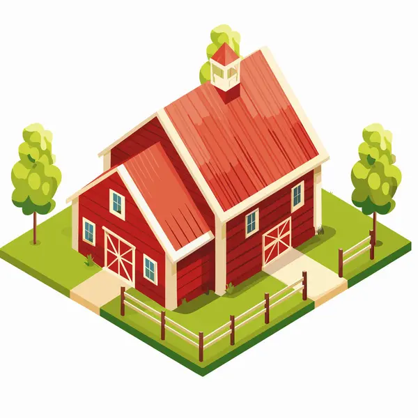 stock vector Isometric red barn surrounded green grass, trees, fence. Rural farm structure red walls, white trim, gabled roof. Isolated white background, colorful, detailed countryside barn illustration