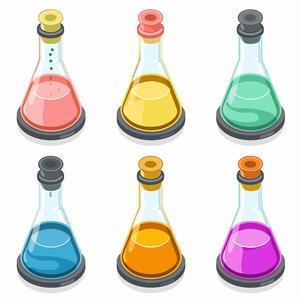 Six colorful cartoonstyle potion bottles filled various liquids, corked tops. Glass bottles contain red, yellow, green, blue, orange, purple potions, laboratory magical theme. Isolated white