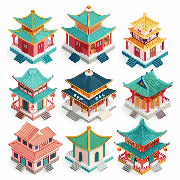 stock vector Collection various Asian pagodas traditional buildings isometric design. Intricate roofs, vibrant colors, ornamental details showcase architectural style. Eastern temples, cultural landmarks