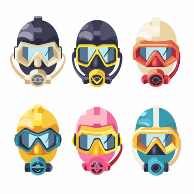 Koleksiyon renkli tüple dalış maskeleri, maske farklı renk şemaları içeriyor. Su altı maceraları, şnorkelle yüzme aletleri solunum tüpleri. İzole edilmiş beyaz arkaplan, çizgi film biçimi