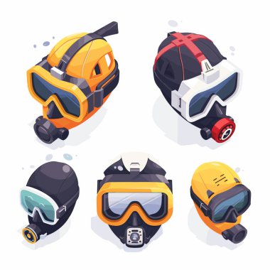 Collection colorful isometric ski snowboard helmets visors, goggles, modern design, sporting equipment winter activities, helmet has unique colors, ventilation system, head protection features clipart