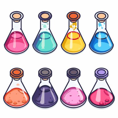 Sıvıların farklı renklerde olduğu altı renkli çizgi film tarzı laboratuvar şişesi ayarla. Üst görünüm kimyasal şişeler kapalı tıkaçlar, çeşitli durumlar için çeşitli maddeler sunuyor. Canlı sıvılaşmış