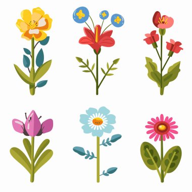 Altı çizgi film renkli düz dizayn, çeşitli çiçek koleksiyonu, botanik çizimler. Doğa temalı sanat eserleri, neşeli bahçe unsurları, canlı bahar çiçekleri, yaratıcı dekorasyon