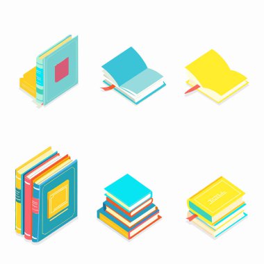 Isometric kitapları çeşitli renk yönelimleri. Eğitim, öğrenme ve edebiyatı öneren tek bir kitap yığıyor. İzole edilmiş beyaz arkaplan odak renkli kitapları geliştirir