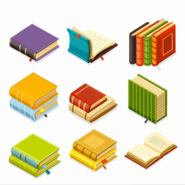 İzometrik kitaplar çeşitli renklerde izole edilmiş beyaz arka plan. Koleksiyon hardcover kitapları kapalı izometrik görünümü açar. Eğitim edebiyatı kütüphanesi okuma konsepti tasarımı
