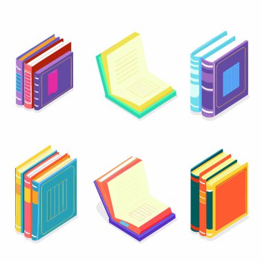 Isometric kitap vektör illüstrasyonları çeşitli renkli kapak tasarımlarını gösterme ayarları. Eğitici materyal, izometrik kitap yığını, açık ders kitabı grafiği. Parlak ana renkler, izole edilmiş beyaz