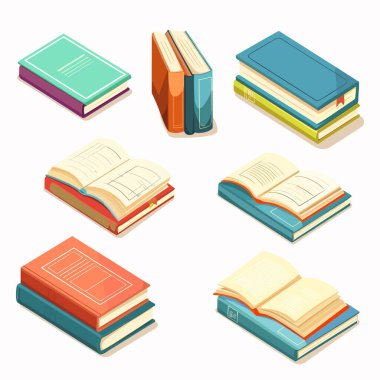 Renkli izometrik kitap koleksiyonu beyazları izole etti. Farklı pozisyonlar kapalı, istiflenmiş, sergi sayfaları açık. Çeşitli kitap kapakları çeşitlilik okuma konularını belirtir
